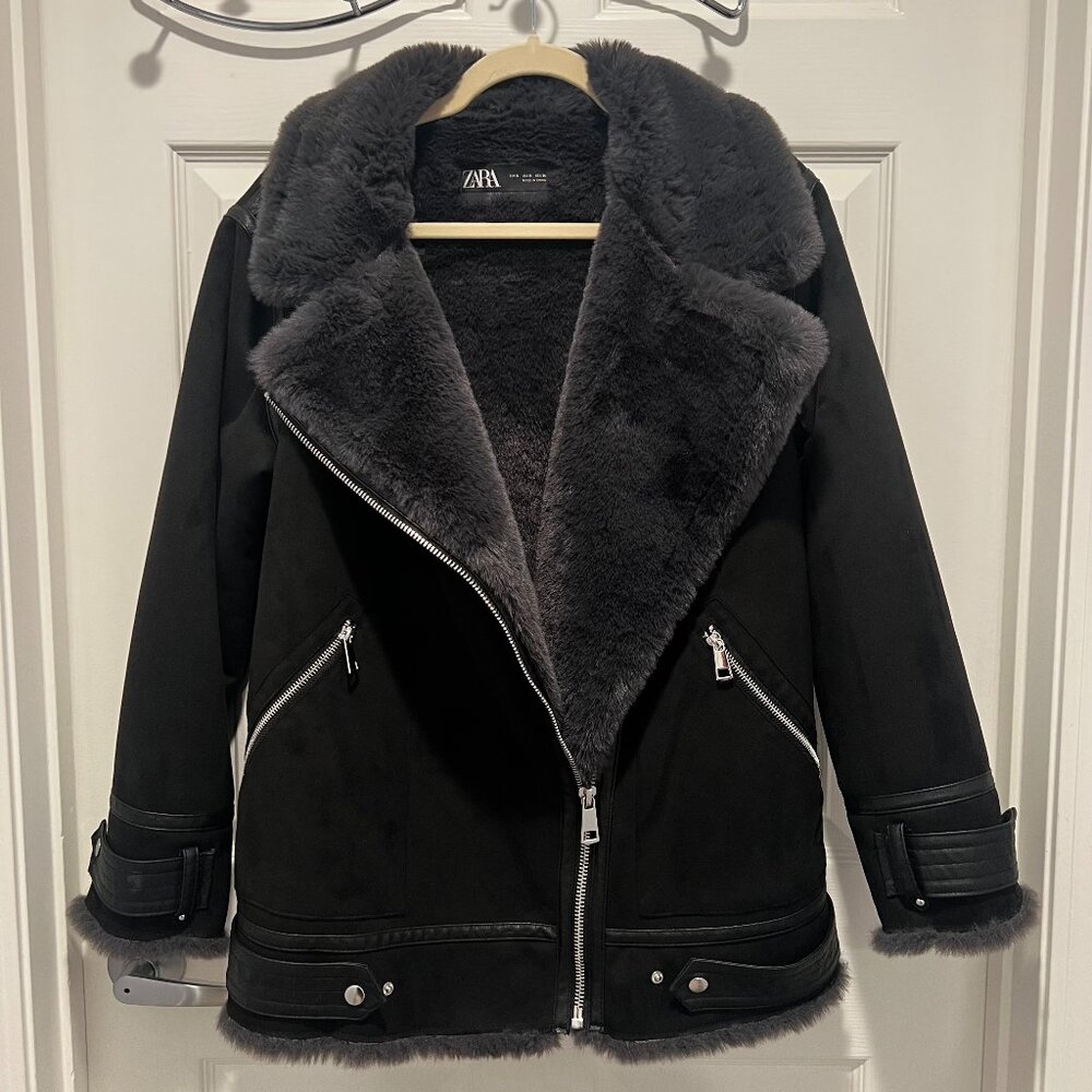 Zara Faux Suede/Sherpa Lined Biker Jacket Women in Black